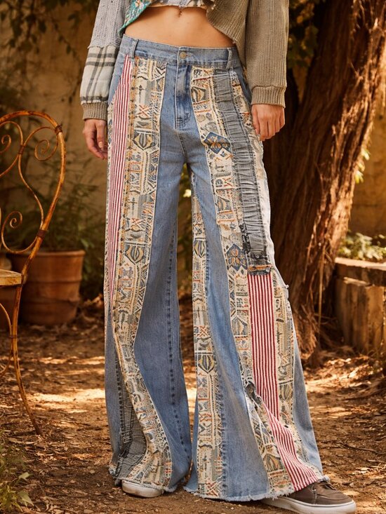 POL Denim - POL Boho Super Baggy with 90s Grunge Flare Stripes & Tribal Print Distressed Jea